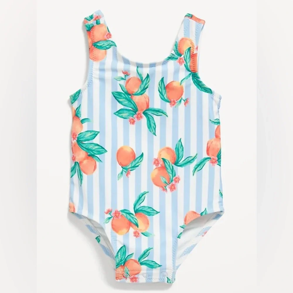 Old Navy Baby Girl Blue Striped Swimsuit Bow Peach Size 6-12 Months